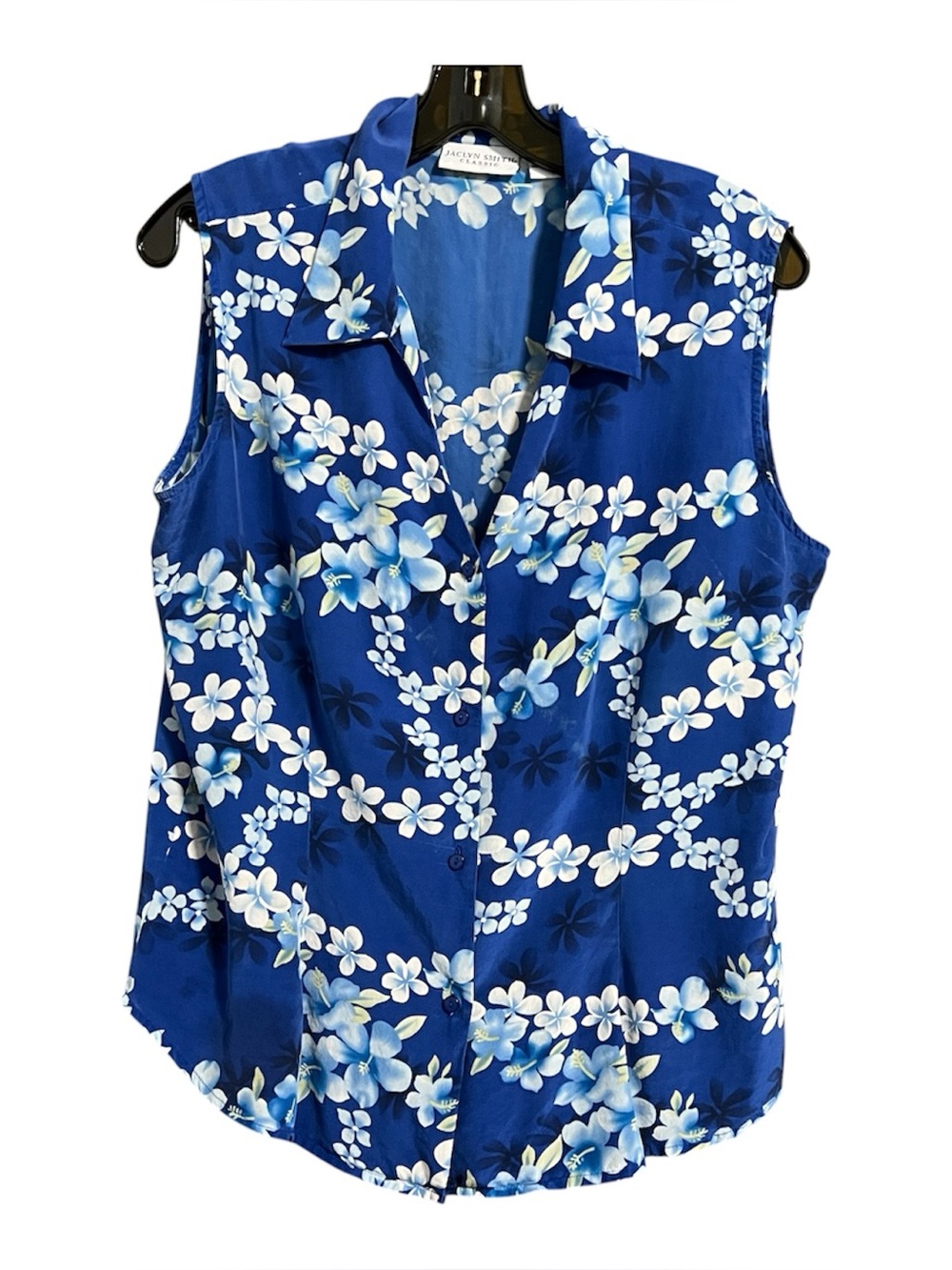 VTG 90s Jaclyn Smith Classic Blouse Blue Floral Silk Hawaiian Aloha Shirt L
